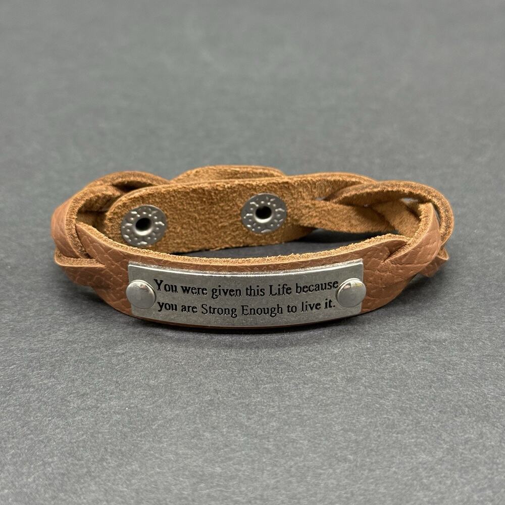 Inspirational Leather Bracelet Strong Enough To Live It Quote Cuff Braided Brown